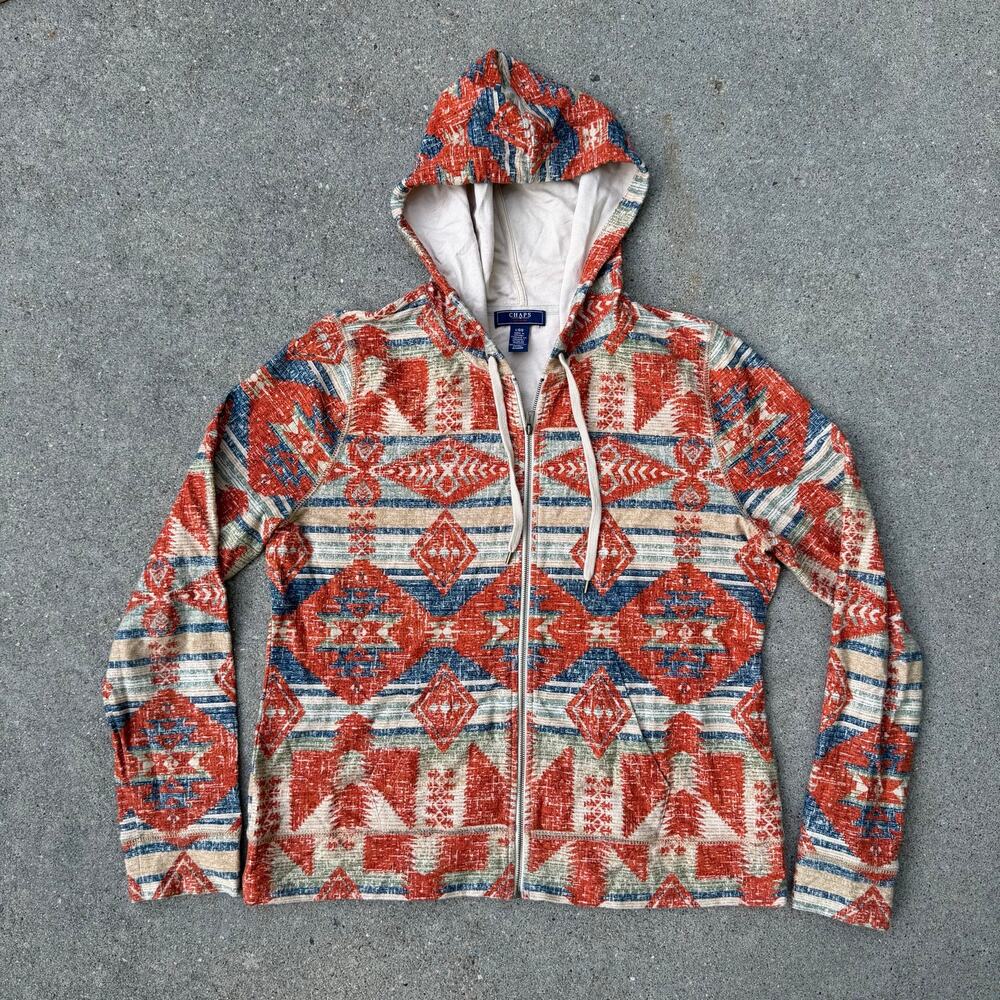 Chaps Ralph Lauren Denim Orange Blue Aztec Zip Up Hoodie Sweatshirt LARGE